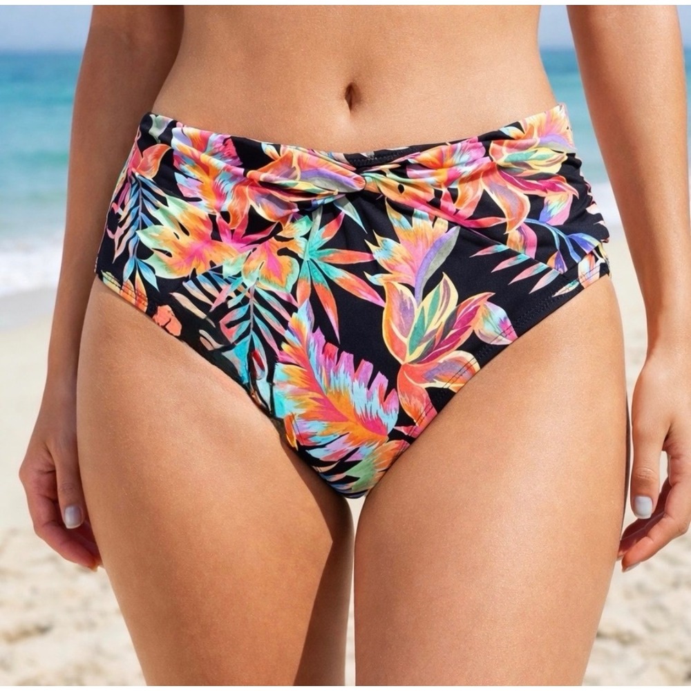 La Blanca Tropical Print High Waisted Bikini Bottoms Black Floral Twist Front 10